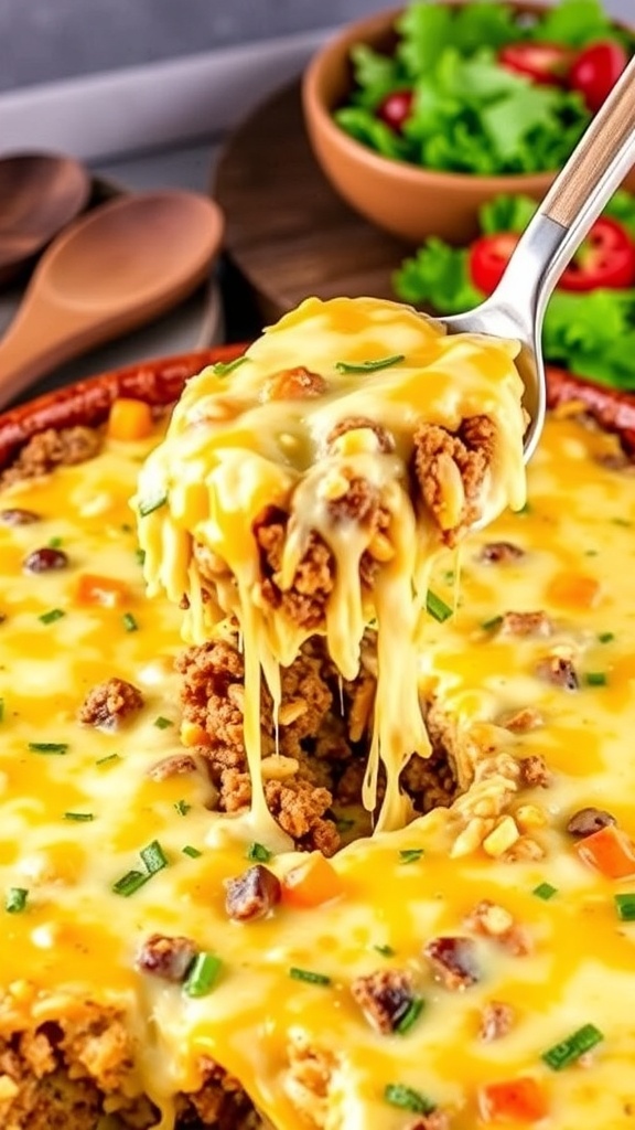A hearty Cheesy Beef and Rice Casserole with melted cheese, ground beef, and rice, served in a rustic dish.
